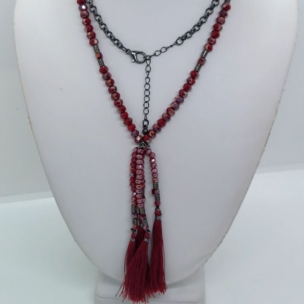 Red Aurora borealis y drop tassel‎ beaded necklace